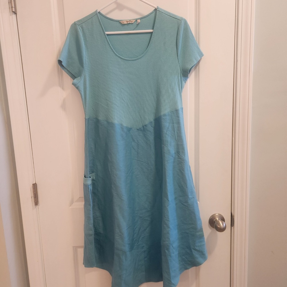Soft Surroundings Blue Mixed Media Linen Blend Pocket Midi Dress Petite Medium